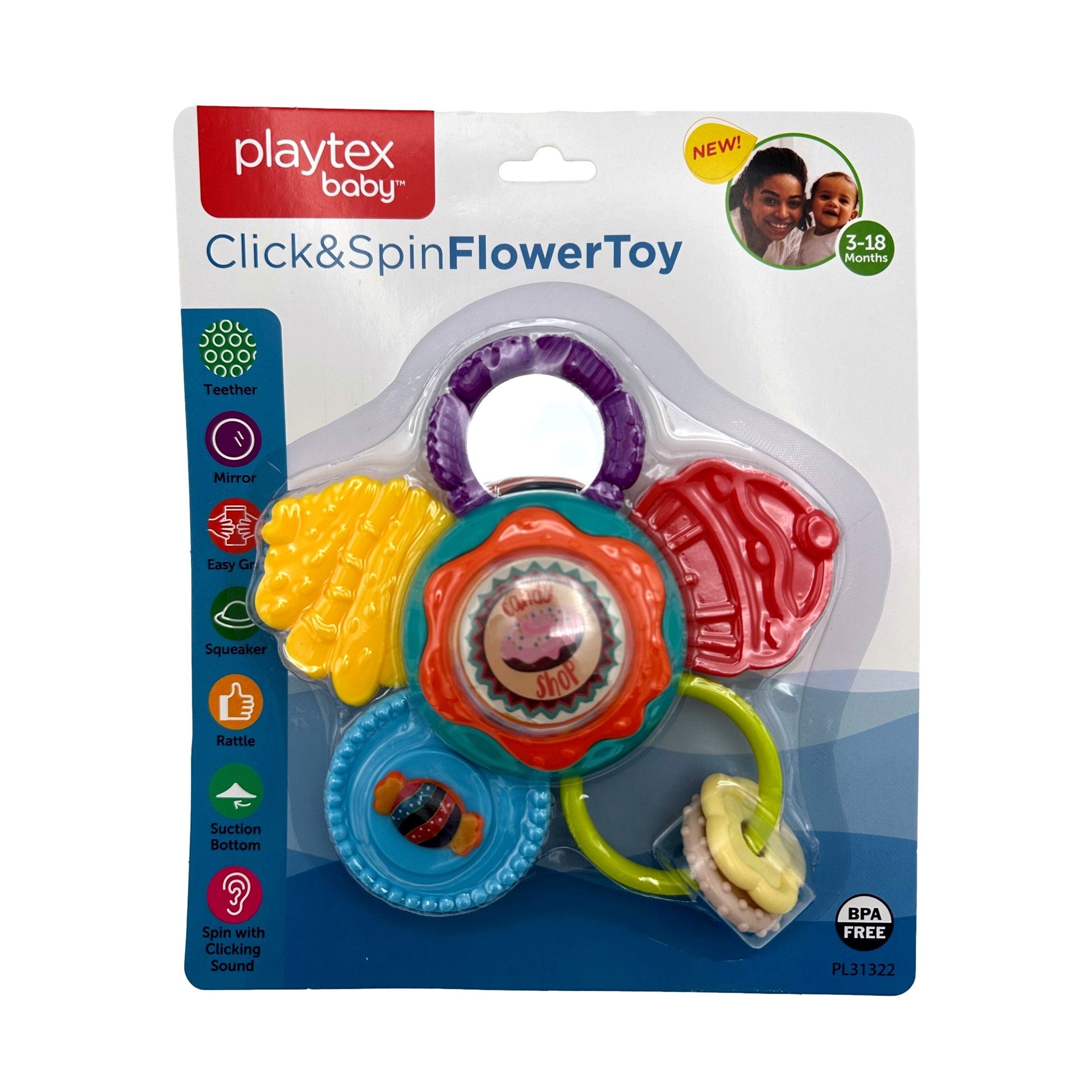 Playtex baby Click&Spin Flower Toy in packaging, featuring various textures and colors, labeled as BPA free.